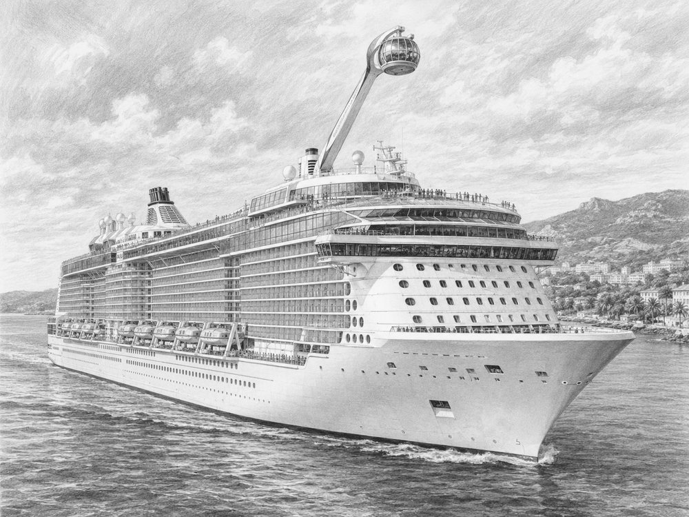 Illustration of Ovation of the Seas at the pier with travelers looking up at the ship