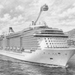 Illustration of Quantum of the Seas at the pier with travelers looking up at the ship
