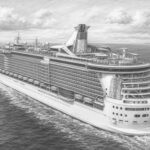 Illustration of Freedom of the Seas at the pier with travelers looking up at the ship