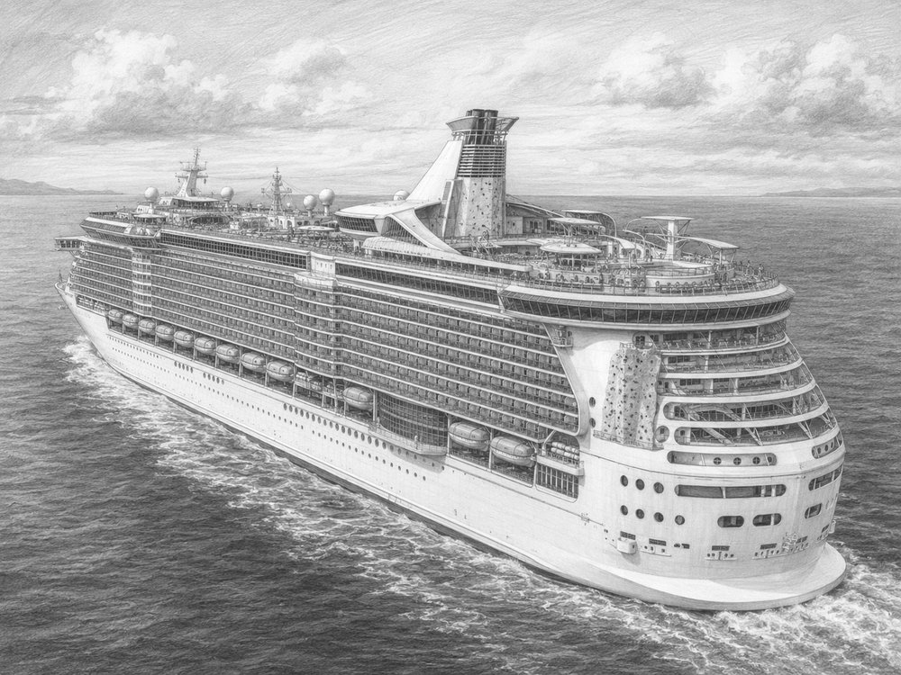 Illustration of Freedom of the Seas at the pier with travelers looking up at the ship