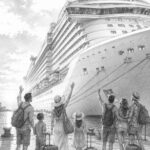 Illustration of Utopia of the Seas at the pier with travelers looking up at the ship