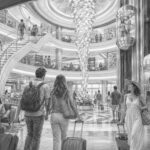 Illustration of Norwegian Escape at the pier with travelers looking up at the ship