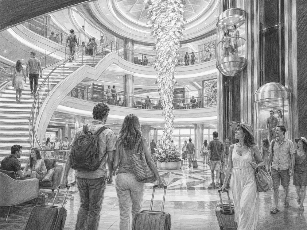 Illustration of Norwegian Escape at the pier with travelers looking up at the ship