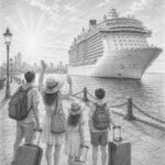 Illustration of Symphony of the Seas at the pier with travelers looking up at the ship