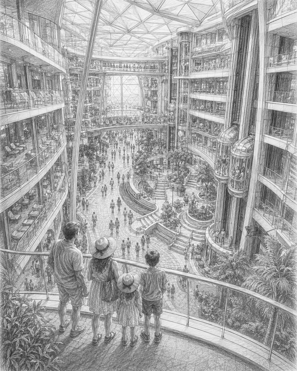 Illustration of Sun Princess at the pier with travelers looking up at the ship