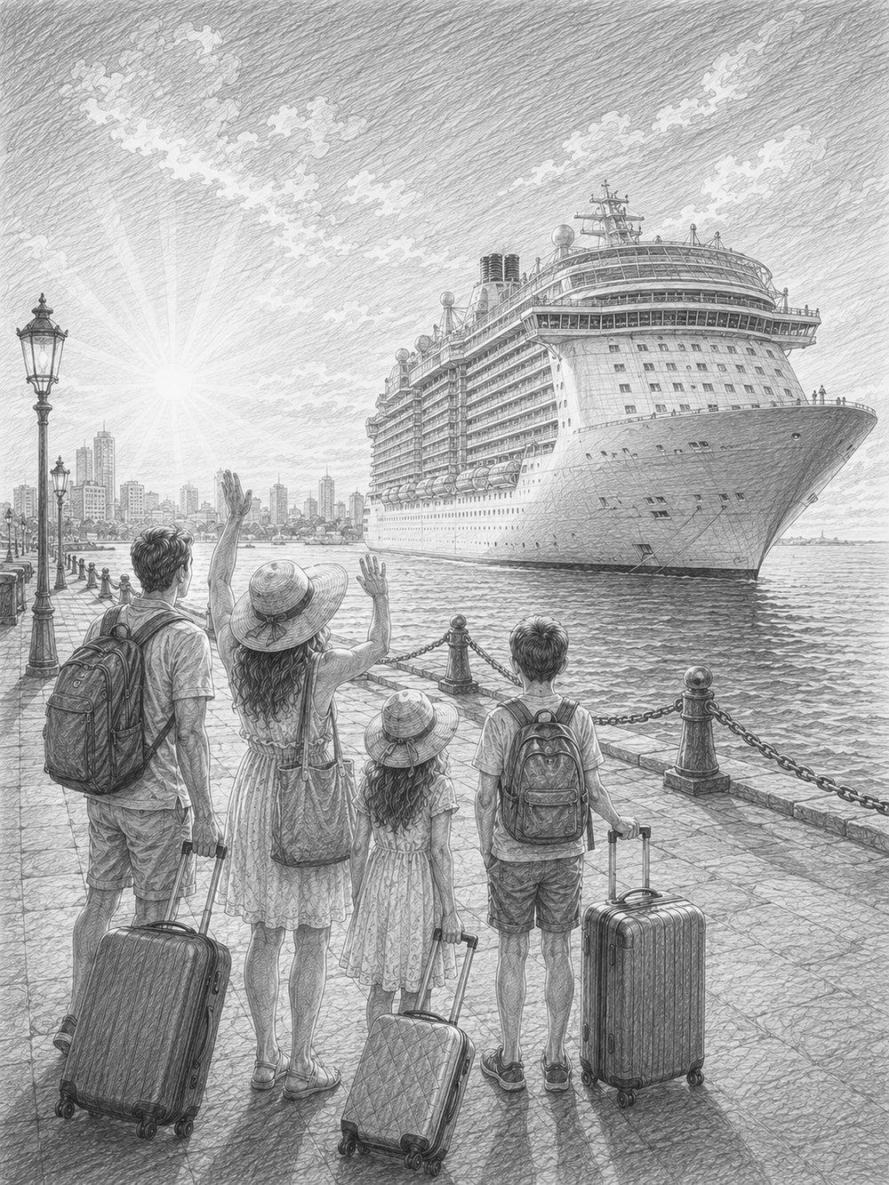 Illustration of Allure of the Seas at the pier with travelers looking up at the ship