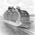 Illustration of MSC World America at the pier with travelers looking up at the ship