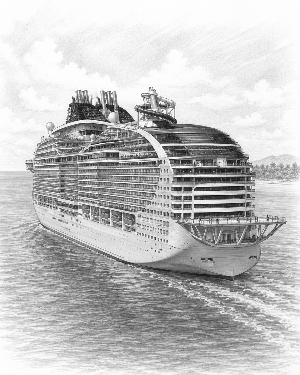 Illustration of MSC World America at the pier with travelers looking up at the ship