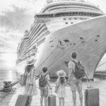Graphite illustration of Icon of the Seas towering over the pier as a family looks up at the ship