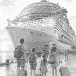 Illustration of Star of the Seas towering over the pier as a family looks up at the ship