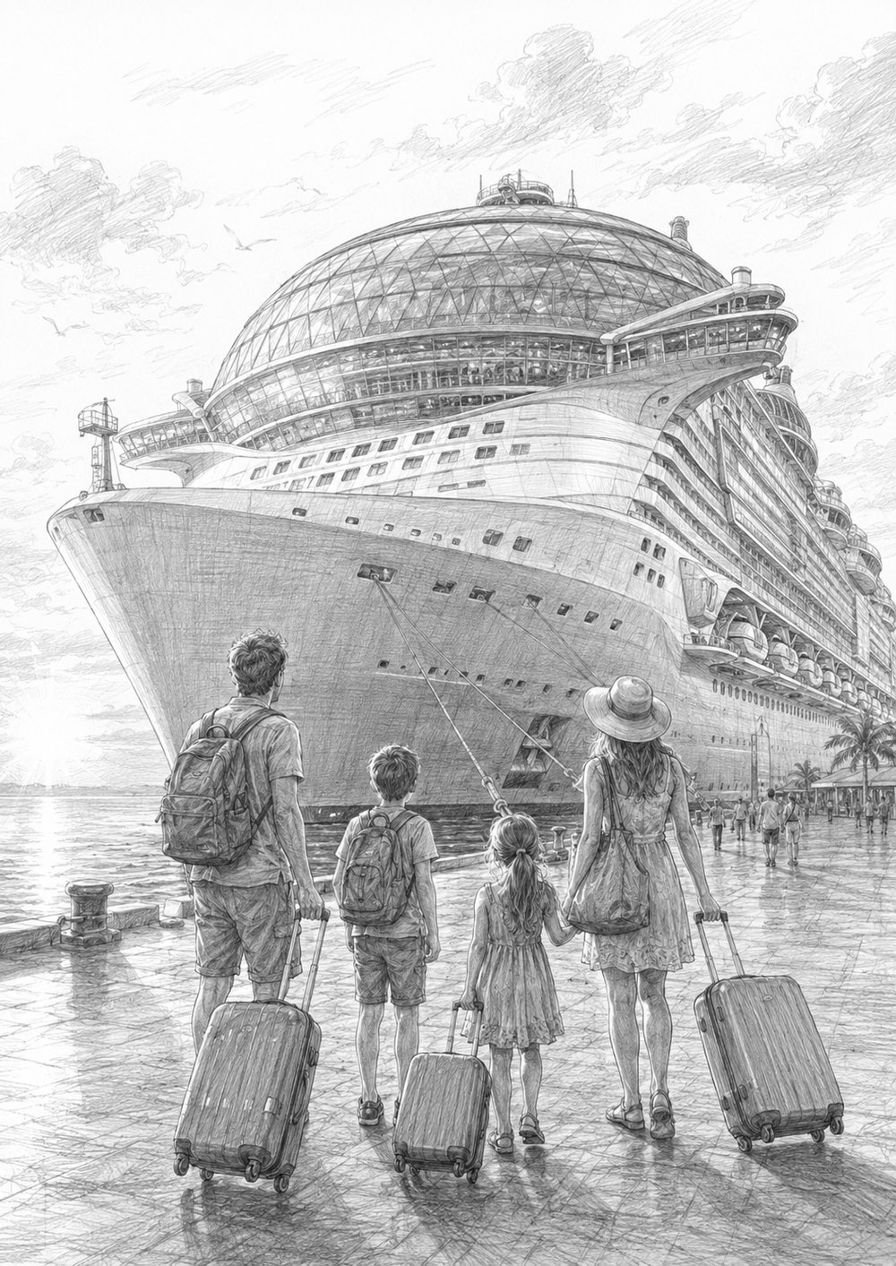 Illustration of Star of the Seas towering over the pier as a family looks up at the ship