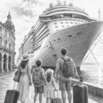 Illustration of Legend of the Seas towering over the pier as a family looks up at the ship