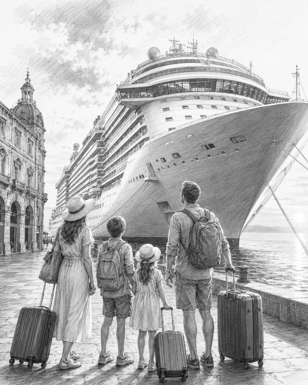 Illustration of Legend of the Seas towering over the pier as a family looks up at the ship