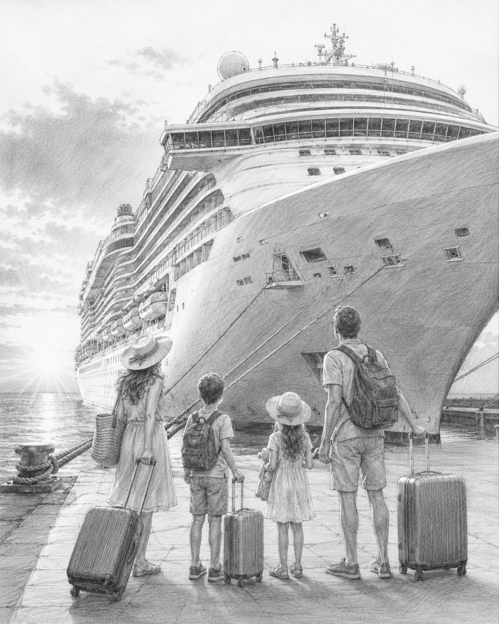 Graphite illustration of Icon of the Seas towering over the pier as a family looks up at the ship