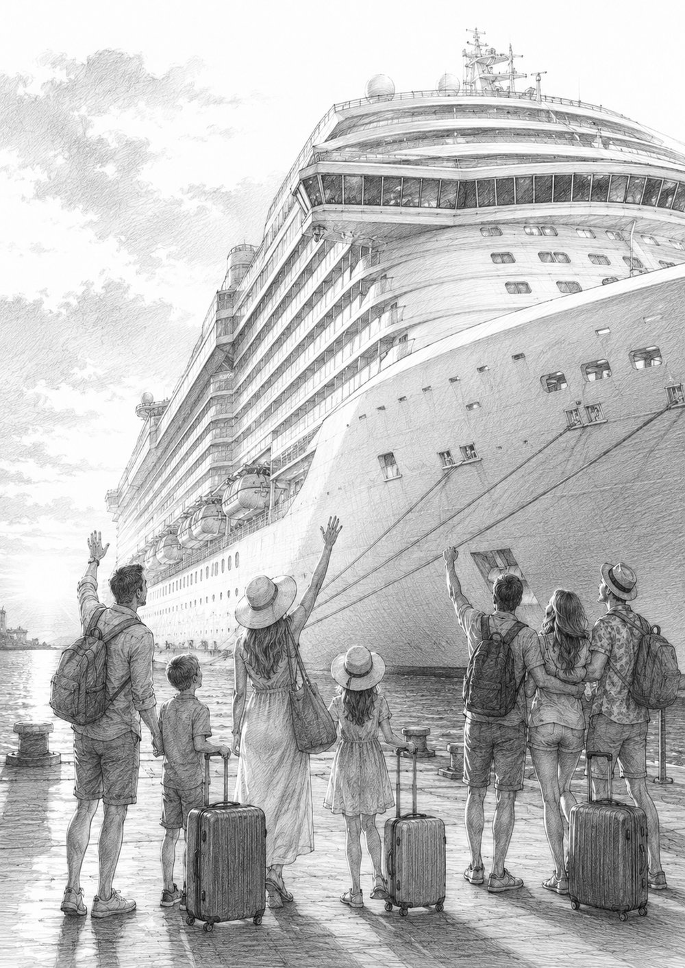 Illustration of Utopia of the Seas at the pier with travelers looking up at the ship