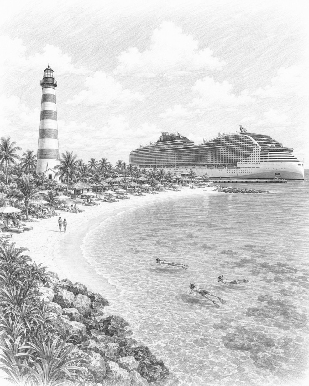 Illustration of Ocean Cay MSC Marine Reserve with beaches and a lighthouse near MSC World America
