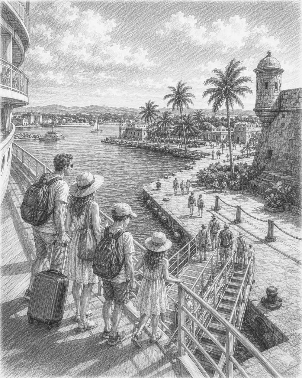 Illustration of a Mediterranean port of call seen from MSC World Europa