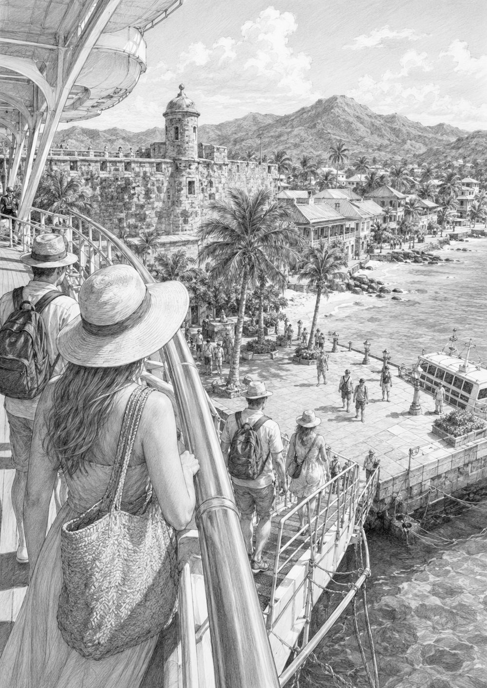 Illustration of a Caribbean port of call seen from Wonder of the Seas