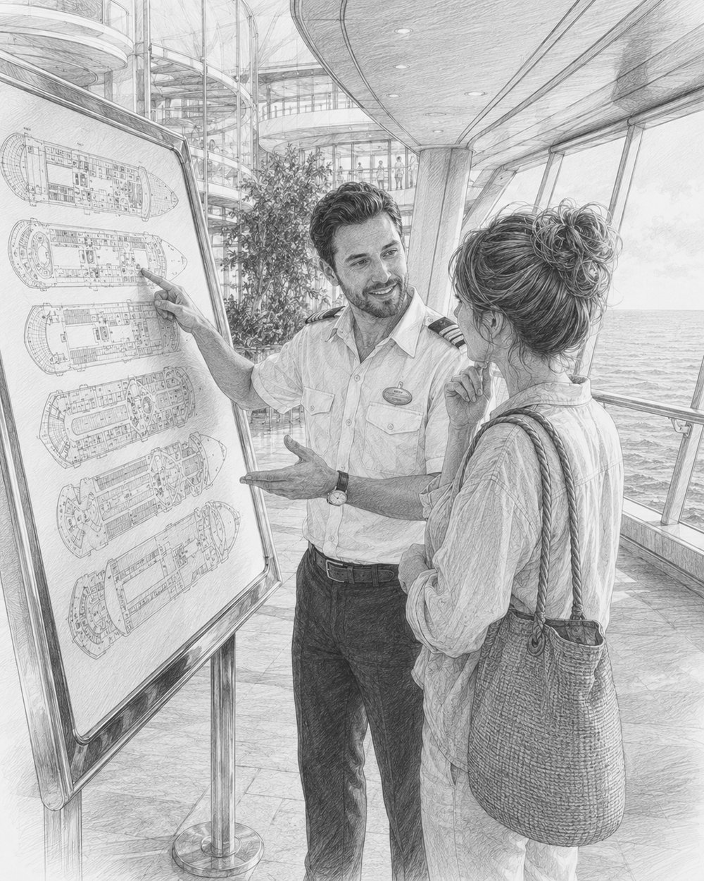 Illustration of a seasoned cruiser sharing advice beside a deck map on Wonder of the Seas