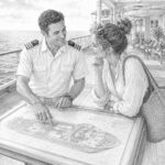 Illustration of a seasoned cruiser sharing advice beside a deck map on Utopia of the Seas