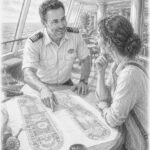Illustration of a seasoned cruiser sharing advice beside a deck map on Sun Princess