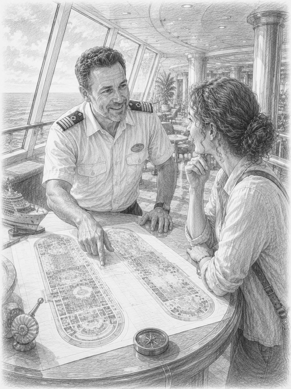 Illustration of a seasoned cruiser sharing advice beside a deck map on Symphony of the Seas