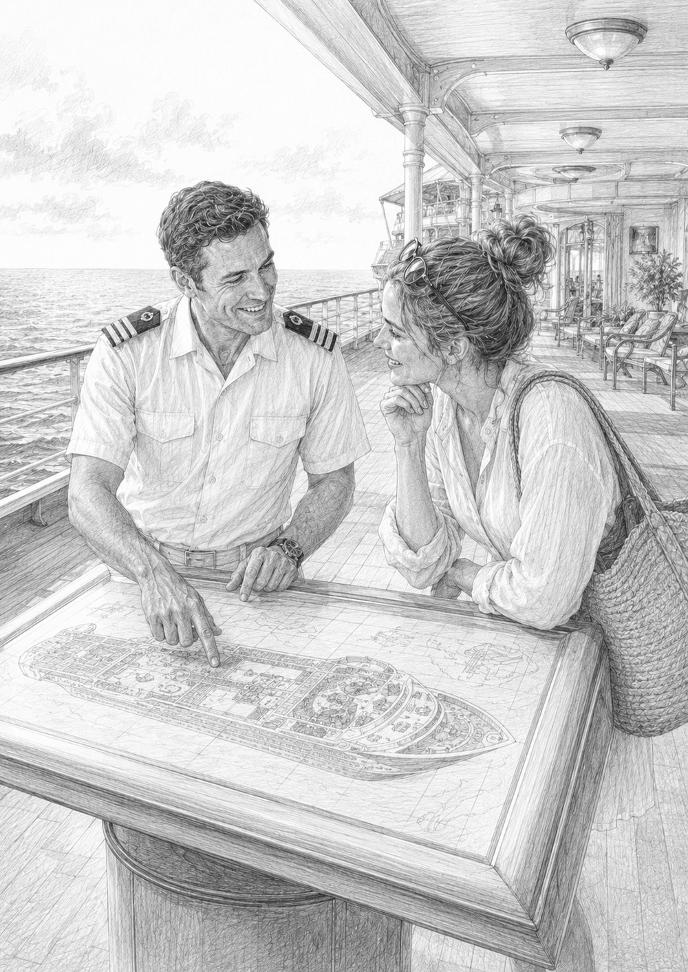 Illustration of a seasoned cruiser sharing advice beside a deck map on Utopia of the Seas