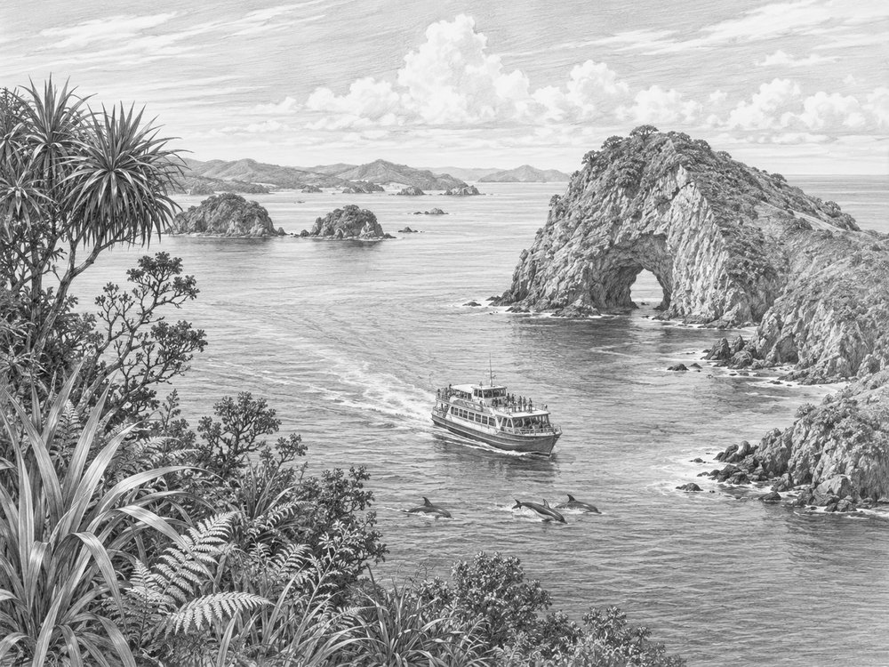 Illustration of Milford Sound and New Zealand scenery seen from Anthem of the Seas