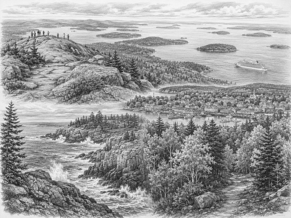 Illustration of autumn fall foliage over Acadia National Park on a Norwegian Escape cruise