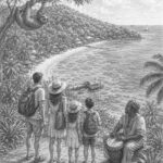 Illustration of a Roatan reef and beach scene seen from Norwegian Luna