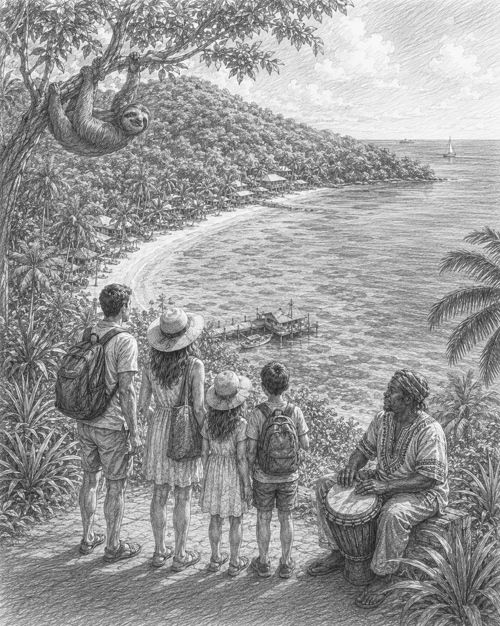 Illustration of a Roatan reef and beach scene seen from Norwegian Luna
