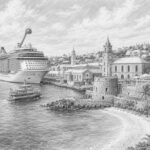 Illustration of Bermuda's Royal Naval Dockyard and pink-sand beaches seen from Odyssey of the Seas