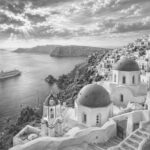 Illustration of Santorini's cliff-top towns seen from Sun Princess
