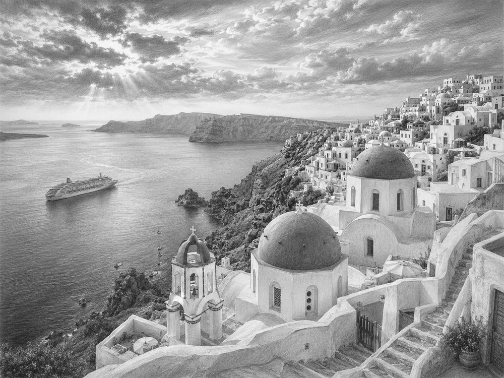Illustration of Santorini's cliff-top towns seen from Sun Princess