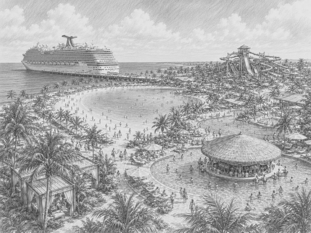 Illustration of Celebration Key, Carnival's private beach, from Carnival Celebration
