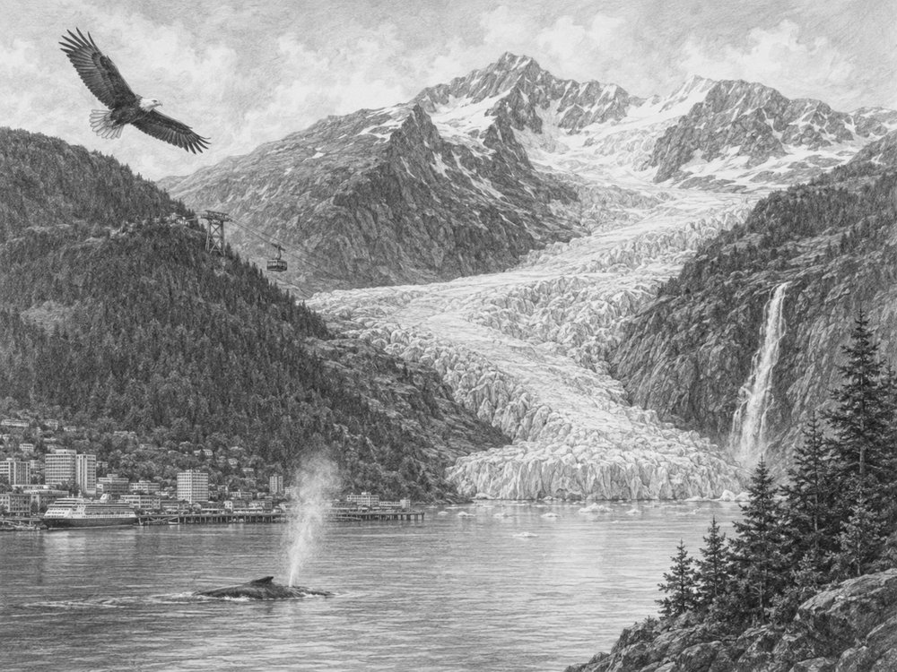 Illustration of an Alaska port and glaciers on an Ovation of the Seas cruise