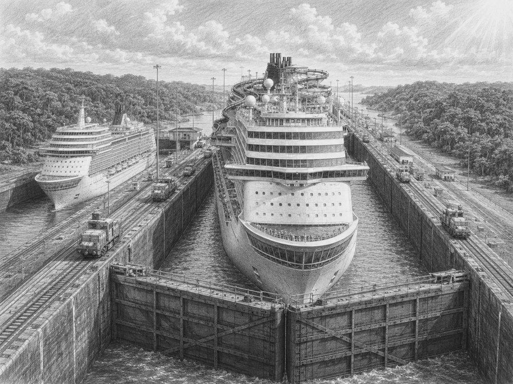 Illustration of Celebrity Ascent transiting the Gatun locks of the Panama Canal