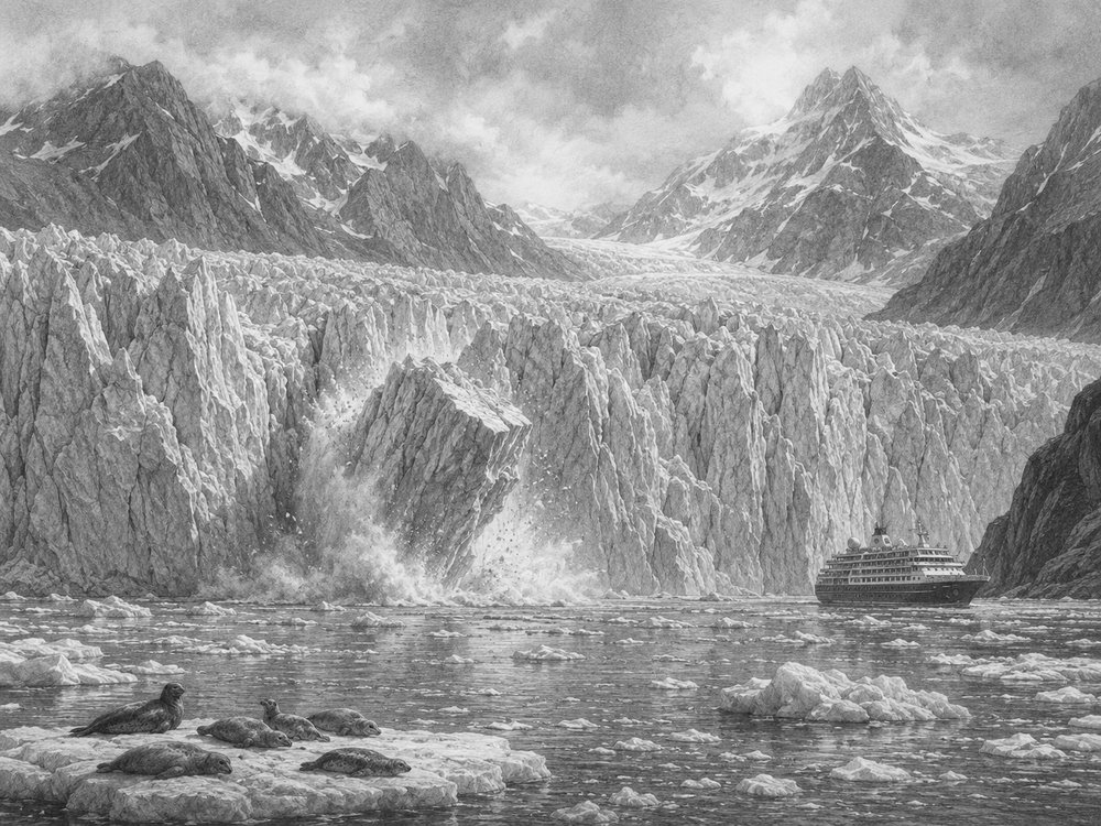Illustration of the glaciers of Glacier Bay National Park seen from Koningsdam