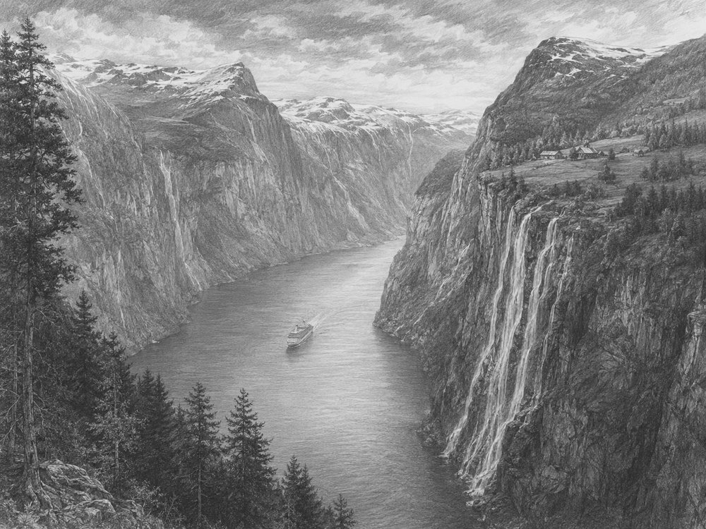 Illustration of a Norwegian fjord with waterfalls seen from Nieuw Statendam