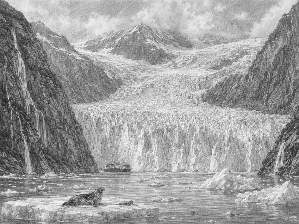 Illustration of the Dawes Glacier in Endicott Arm seen from Star Princess