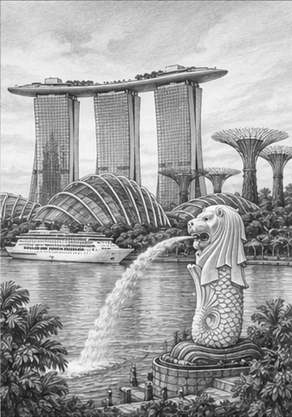 Illustration of Singapore's Marina Bay skyline seen before a Spectrum of the Seas cruise