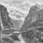 Illustration of a Norwegian fjord with waterfalls and cliffs seen from Liberty of the Seas