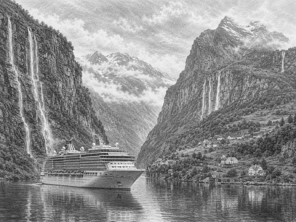 Illustration of a Norwegian fjord with waterfalls and cliffs seen from Liberty of the Seas