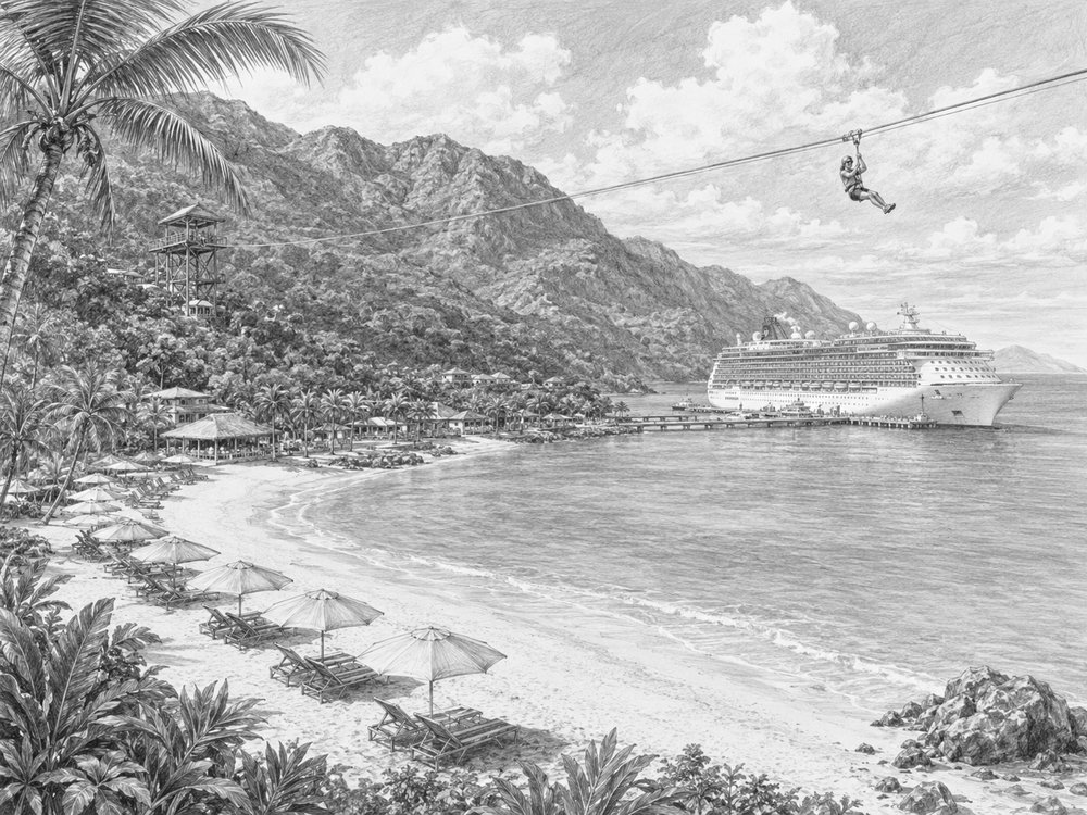Illustration of the beaches and zip line at Labadee, Haiti seen from Independence of the Seas