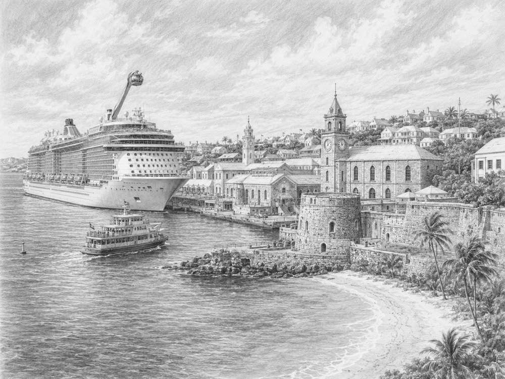 Illustration of Bermuda's Royal Naval Dockyard and pink-sand beaches seen from Odyssey of the Seas