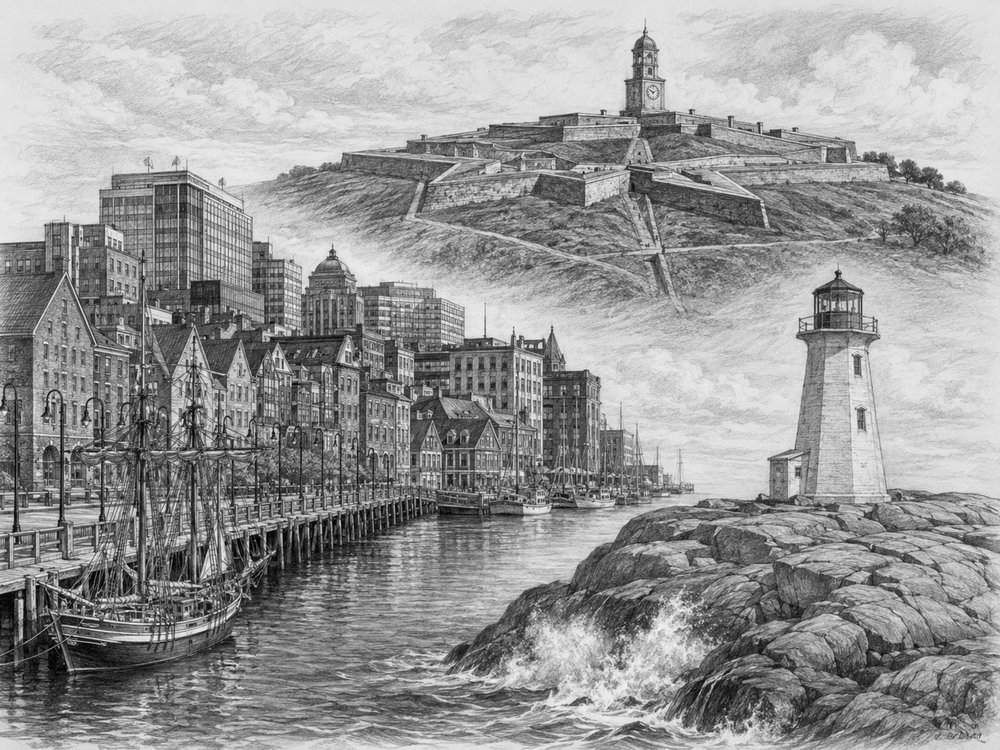 Illustration of the Halifax waterfront and harbor on a Norwegian Escape cruise
