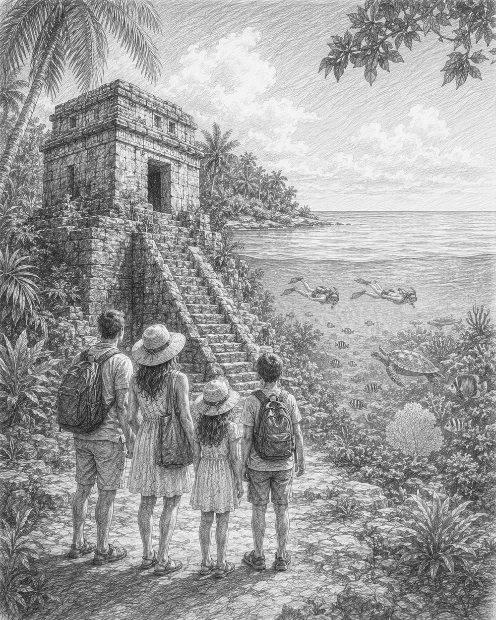 Illustration of a Cozumel beach and reef on a Norwegian Luna Caribbean cruise