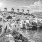 Illustration of the windmills and whitewashed town of Mykonos on a Sun Princess cruise