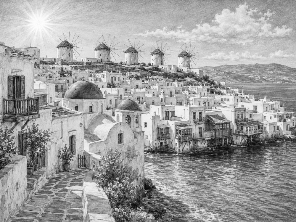 Illustration of the windmills and whitewashed town of Mykonos on a Sun Princess cruise