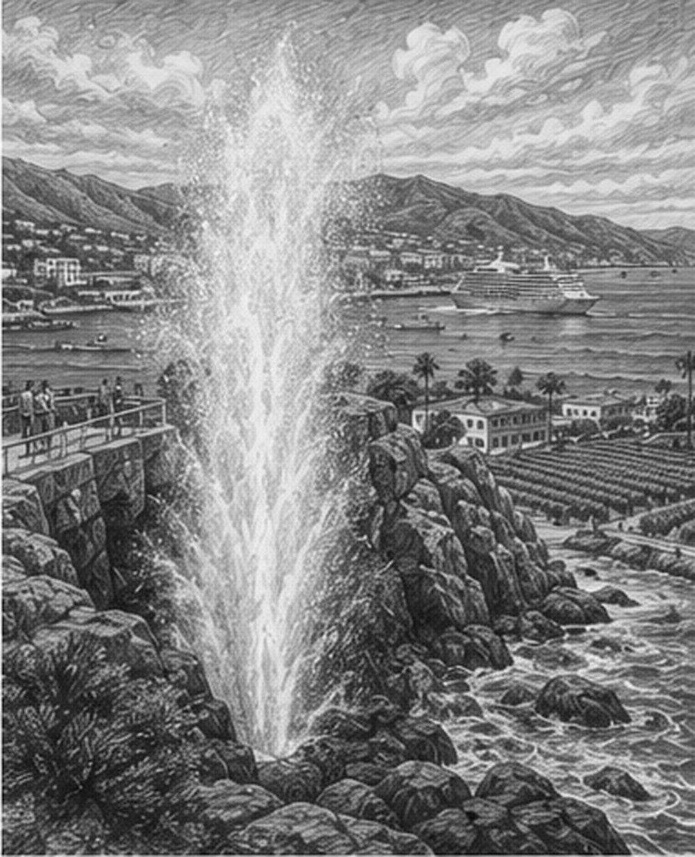 Illustration of Puerto Vallarta's Malecon and beaches seen from Quantum of the Seas